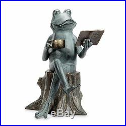 Metal Garden Sculpture'Joy of Reading' Frog on Tree Stump Yard Statue 15H