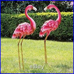 Metal Garden Statues Set of 2 Flamingo Birds Outdoor Sculptures Patio Yard Decor