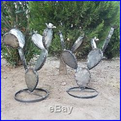 Metal Garden Yard Art -TWO 17 Flowering Prickly Pear Cactus Plants UNPAINTED