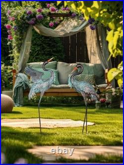 Metal Heron Garden Statues Set of 2 Large Blue Crane Outdoor Yard Art Decor