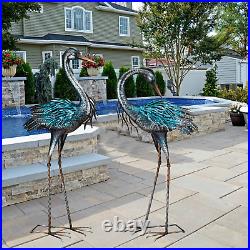 Metal Pair Heron Blue Crane Indoor Outdoor Yard Art Patio Lawn Decoration 2 Set