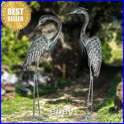 Metal Patina Heron Crane Statues Set of 2 42-46in Outdoor Garden Yard Art