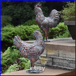 Metal Rooster Statue Hen Statues Pair Garden Yard Decor Sculpture Art Outdoor