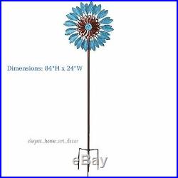 Metal Wind Spinner 7' Windmill Blue Daisy Sculpture Garden Lawn Yard Kinetic Art