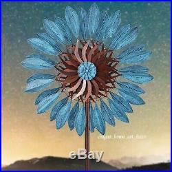 Metal Wind Spinner 7' Windmill Blue Daisy Sculpture Garden Lawn Yard Kinetic Art