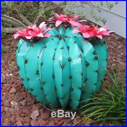 Metal Yard Art Barrel Cactus With Flowers Sculpture 20 Diameter Aqua