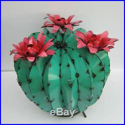 Metal Yard Art Barrel Cactus With Flowers Sculpture 20 Diameter Aqua