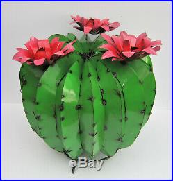 Metal Yard Art Barrel Cactus With Flowers Sculpture 20 Diameter Green
