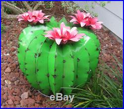 Metal Yard Art Barrel Cactus With Flowers Sculpture 20 Diameter Green