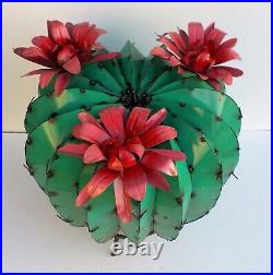 Metal Yard Art Barrel Cactus With Flowers Sculpture 20 Diameter Teal