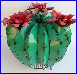 Metal Yard Art Barrel Cactus With Flowers Sculpture 20 Diameter Teal
