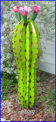Metal Yard Art Pickle Cactus With Flowers Sculpture 50 Tall Lime Green Saguaro