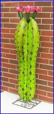 Metal Yard Art Pickle Cactus With Flowers Sculpture 50 Tall Lime Green Saguaro