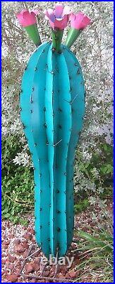 Metal Yard Art Pickle Cactus With Flowers Sculpture 50 Tall Teal Saguaro