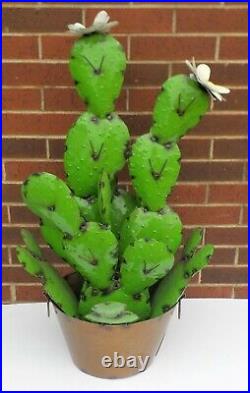 Metal Yard Art Prickly Pear Cactus Plant Sculpture In Bucket 37 Tall Green