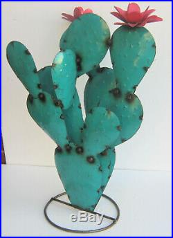Metal Yard Art Prickly Pear Cactus Sculpture 28 Tall Aqua 3d