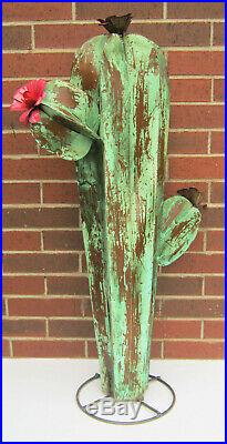Metal Yard Art Saguaro Cactus With Flowers Sculpture 41 Tall Brown
