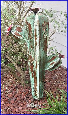 Metal Yard Art Saguaro Cactus With Flowers Sculpture 41 Tall Brown