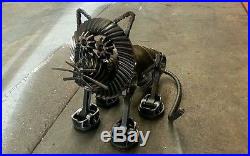 Metal yard art dog cat guy sculpture