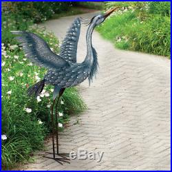 Metallic Blue Heron Sculpture Wings Up Large Garden Stake Metal Yard Art 48