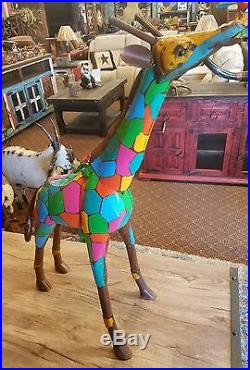 Mexican Recycled Distressed Metal Garden Yard Art Multi Color Giraffe Xtra Large