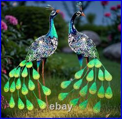 Multicolor Peacocks Large Outdoor Metal Statue Solar Lawn Sculpture Garden Yard