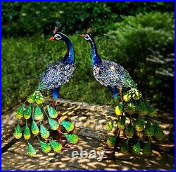 Multicolor Peacocks Large Outdoor Metal Statue Solar Lawn Sculpture Garden Yard