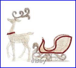New 65 in. LED Lighted White Deer and 46 in. LED Lighted Sleigh Yard Sculpture