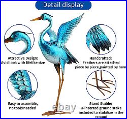 Outdoor Blue Heron Metal Birds Garden Crane Statues Yard Art Ornaments for Ba