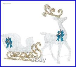 Outdoor Christmas Decor Reindeer Sleigh LED Pre-Lit White Blue Holiday Yard 65