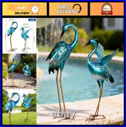 Outdoor Garden Crane Statues Blue Heron Metal Bird Yard Art for Pond & Patio