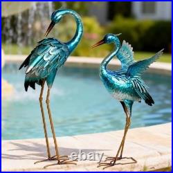 Outdoor Garden Crane Statues Blue Heron Metal Bird Yard Art for Pond & Patio