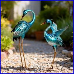 Outdoor Garden Crane Statues Blue Heron Metal Bird Yard Art for Pond & Patio