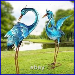 Outdoor Garden Crane Statues Blue Heron Metal Bird Yard Art for Pond & Patio