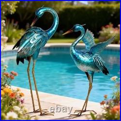Outdoor Garden Crane Statues Blue Heron Metal Bird Yard Art for Pond & Patio