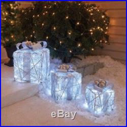 Outdoor Lighted Set of 3 Cool White Twinkling Gift Boxes Christmas Yard Decor