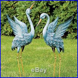 Outdoor Metal Yard Art Blue Heron Statues Crane Bird Sculpture Set Garden Decor