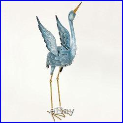 Outdoor Metal Yard Art Blue Heron Statues Crane Bird Sculpture Set Garden Decor