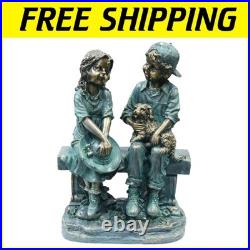 Outdoor Yard Art Kids on Bench with Dog Statue