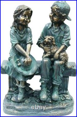 Outdoor Yard Art Kids on Bench with Dog Statue
