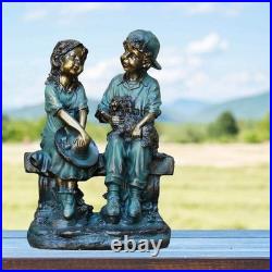 Outdoor Yard Art Kids on Bench with Dog Statue