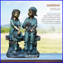 Outdoor Yard Art Kids on Bench with Dog Statue