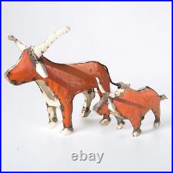 Pair of Recycled Wrought Iron Metal Orange & White Texas Longhorn Yard Decor 38