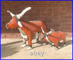 Pair of Recycled Wrought Iron Metal Orange & White Texas Longhorn Yard Decor 38