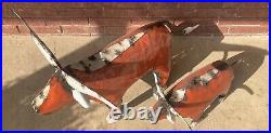 Pair of Recycled Wrought Iron Metal Orange & White Texas Longhorn Yard Decor 38