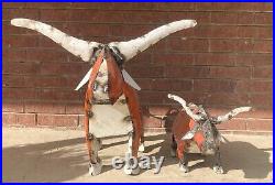 Pair of Recycled Wrought Iron Metal Orange & White Texas Longhorn Yard Decor 38