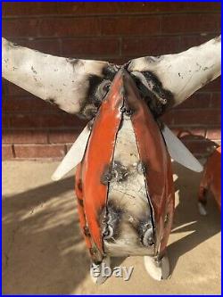 Pair of Recycled Wrought Iron Metal Orange & White Texas Longhorn Yard Decor 38