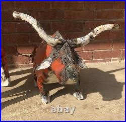 Pair of Recycled Wrought Iron Metal Orange & White Texas Longhorn Yard Decor 38