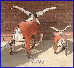 Pair of Recycled Wrought Iron Metal Orange & White Texas Longhorn Yard Decor 38