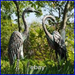 Pair of Standing Garden Crane Statues, Metal Patina